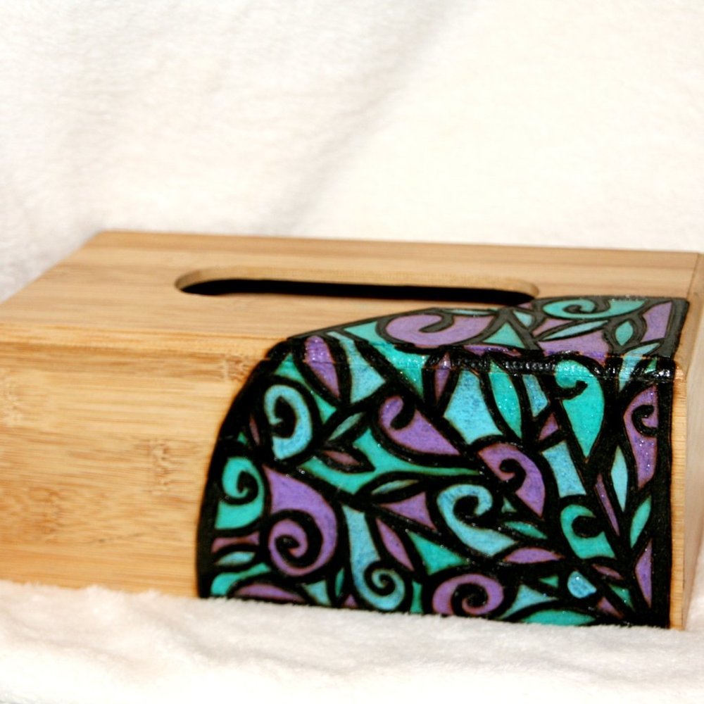 Purple & Turquoise Wood-burned Kleenex Box